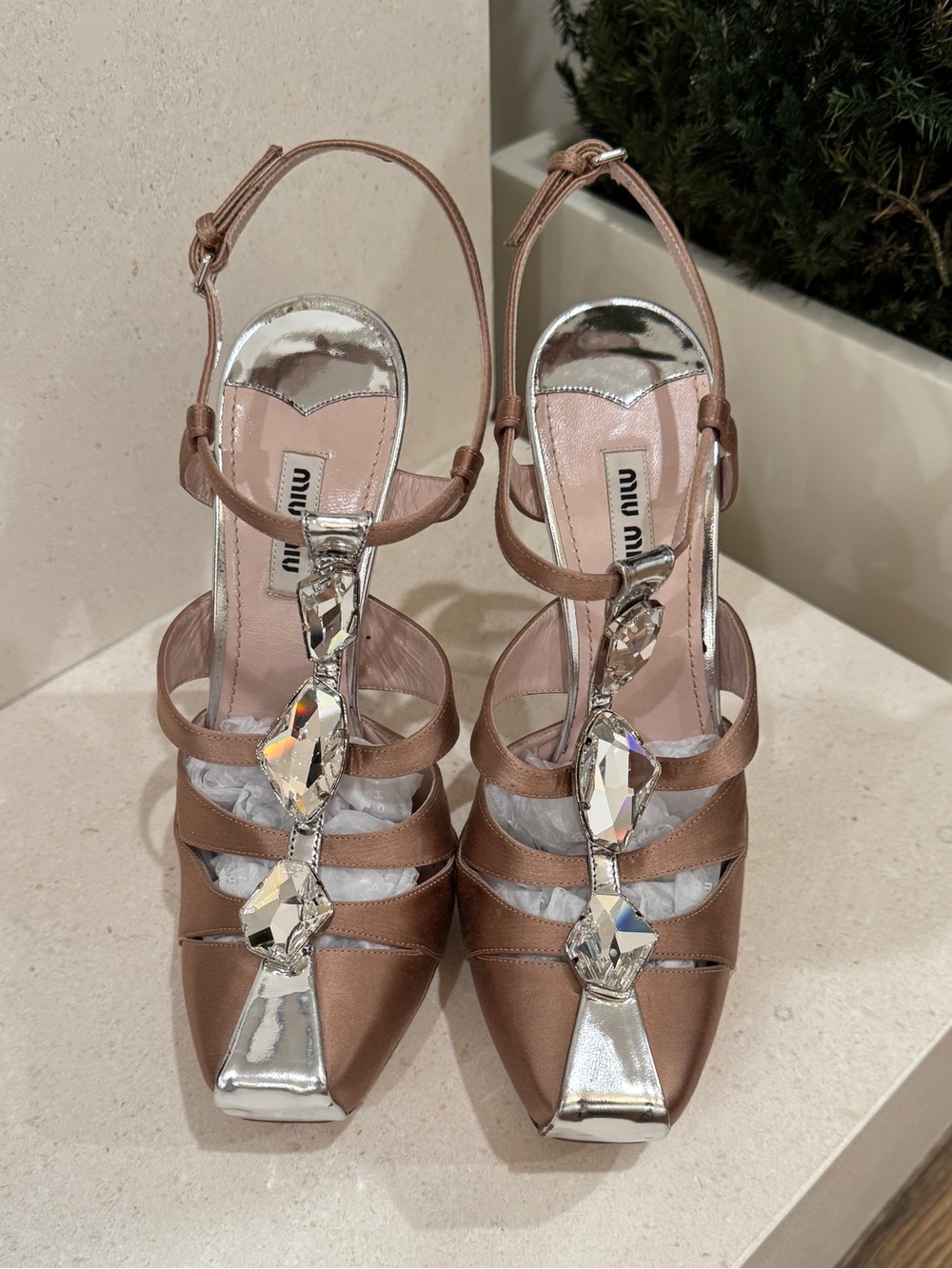 Gorgeous Miu Miu Rose Satin Crystal-T Strap Stilettos - Size 41